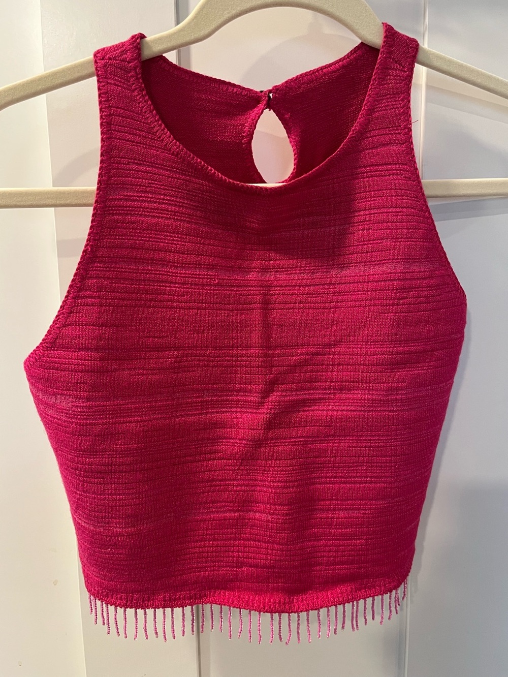 Anniel Vibrant Fuchsia Beaded by Fringe Knit Crop Top